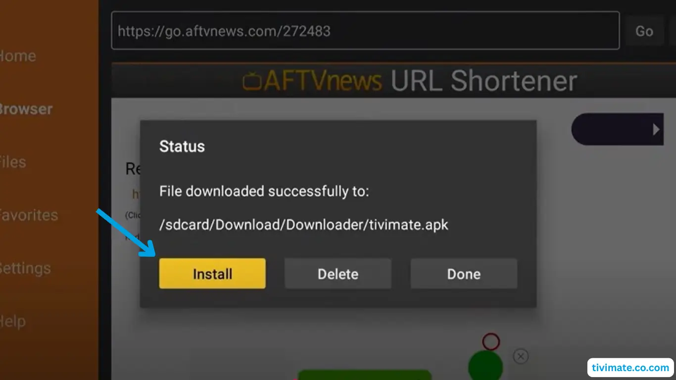 TiviMate APK download complete showing Install button